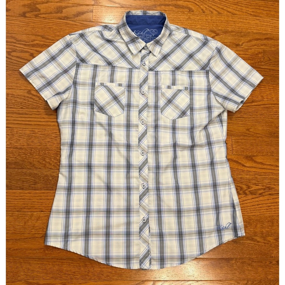 Kuhl Ionik Performance Button Down Shirt Womens Large White Blue Plaid Hiking